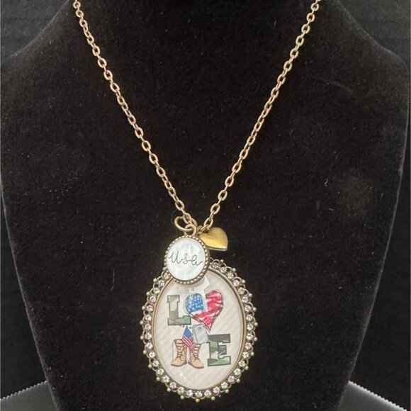 Patriotic "Love" Pendant Necklace With Rhinestones and USA Charm 4th Of July Cam - Picture 2 of 6